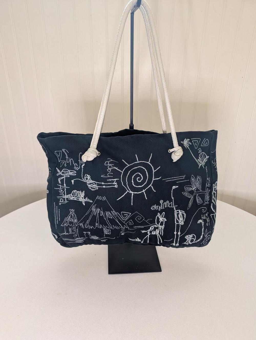Summertime Travel Black Canvas Tote Snaps White Embroidered Leather Handles